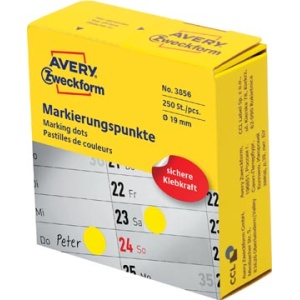 3856 avery zweckform etiket etiketje etiketjes etiketten label labels marking dots diameter 19 mm rol 250 stuks geel 4004182038567 4004182040423 19 mm 1 rond